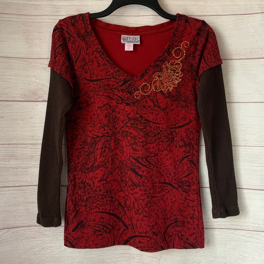 Vintage Pink Cattlelac Red Floral Top Attached Sleeves Gold Studs Size M